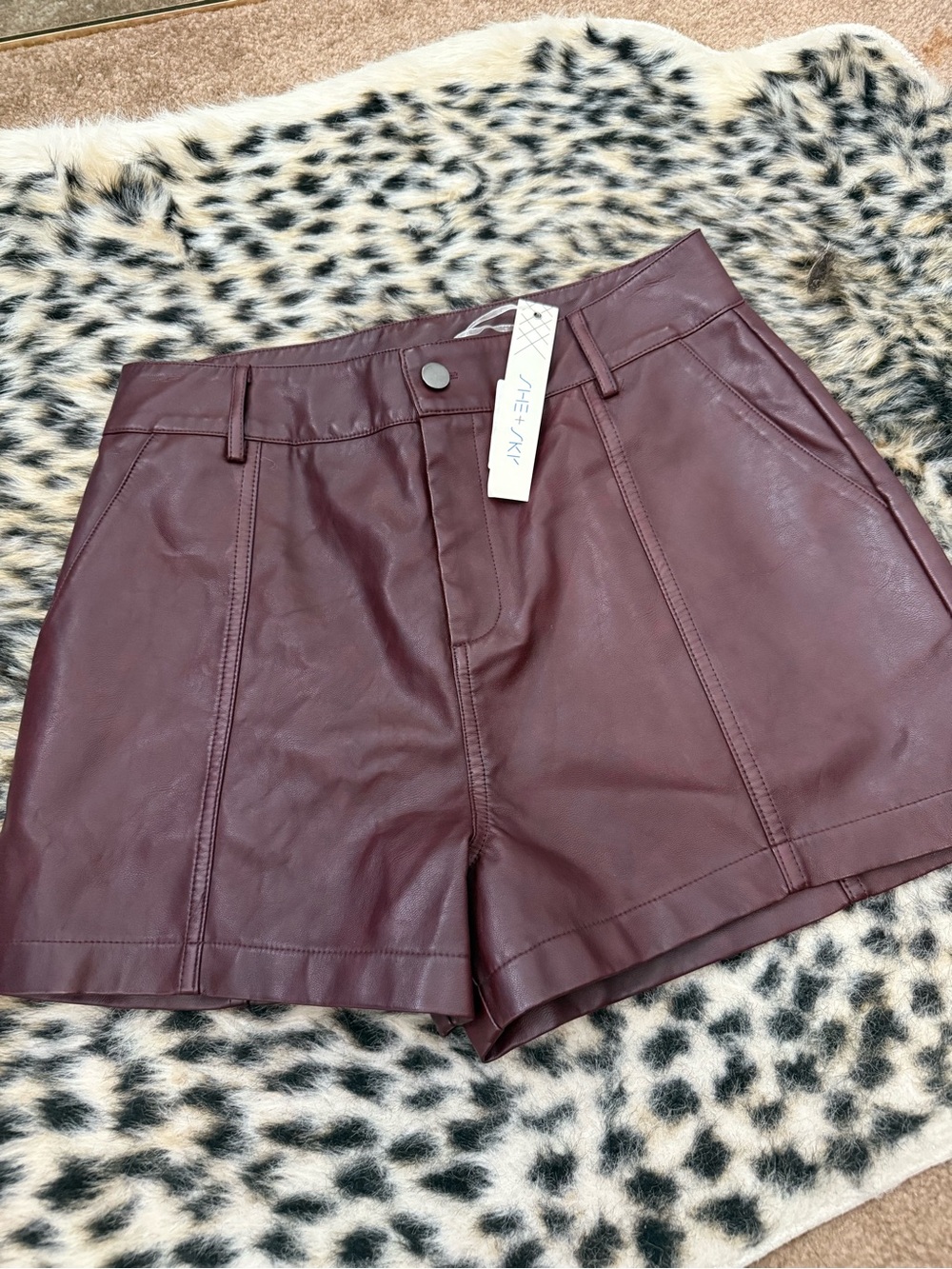 She + Sky Burgundy High-Waist Faux Leather Women’s Shorts